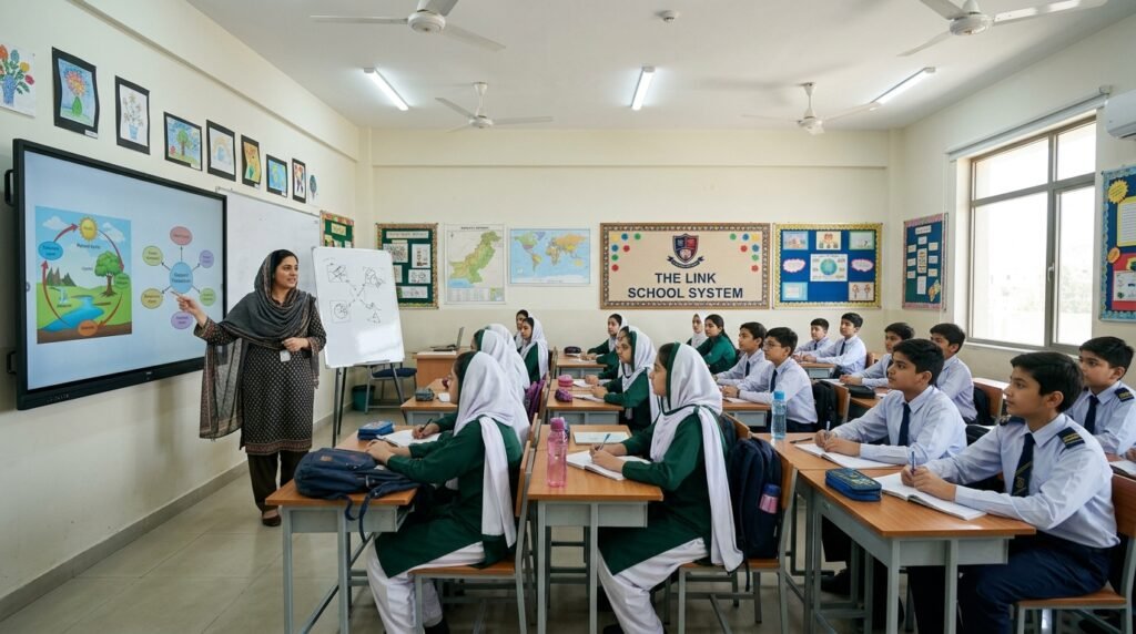 A teacher using a digital screen and a chart to teach students visually