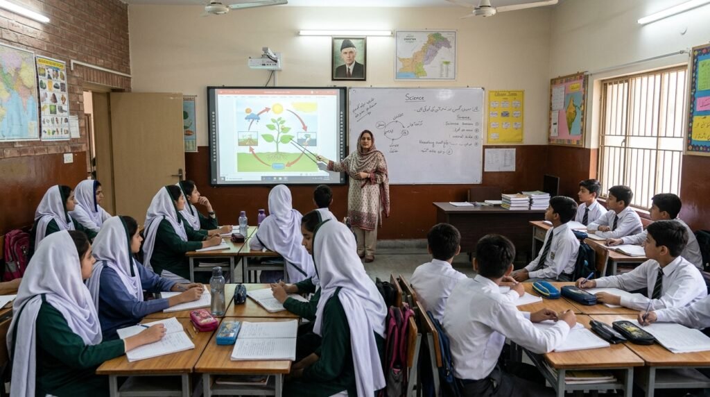 A teacher using a plant life cycle visual and a mind map on the board