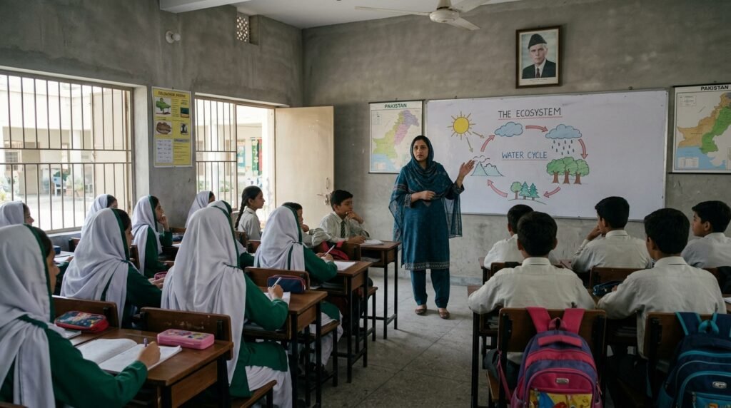 A teacher explaining the water cycle using a chart on the whiteboard