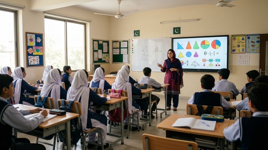 A teacher explaining shapes and fractions on a smart board in a maths lesson