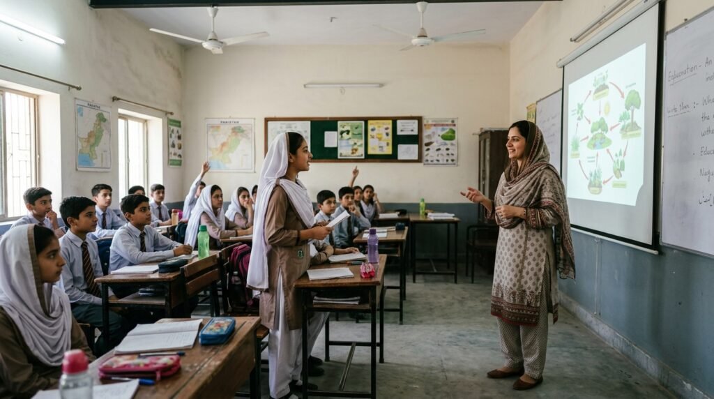 A teacher discussing a projected diagram while a student answers a question