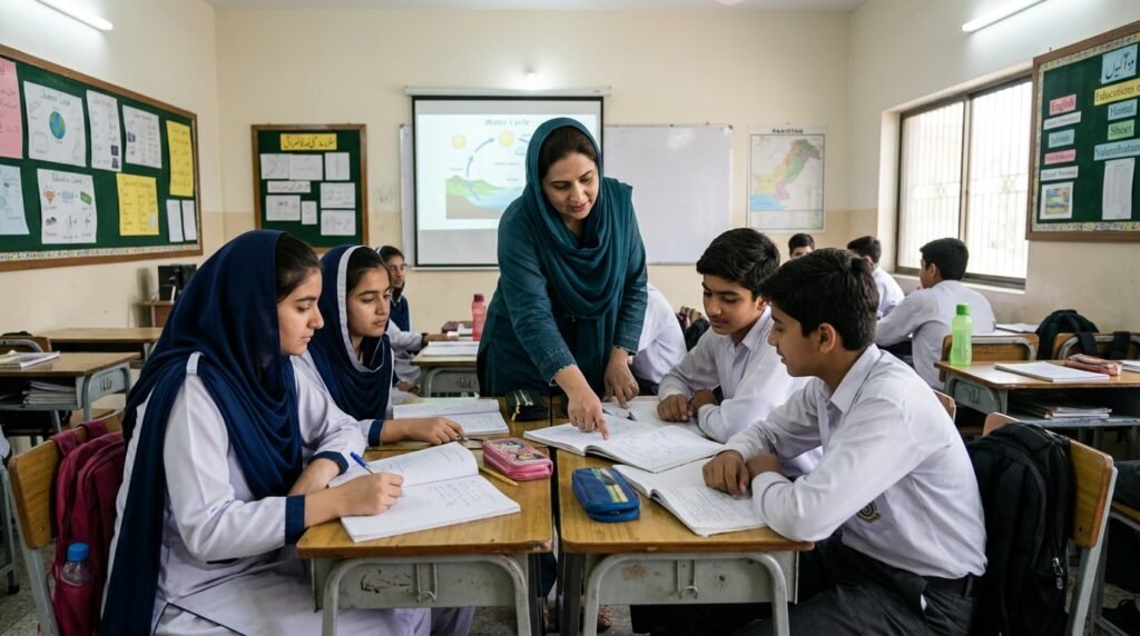 A teacher guiding students as they draw diagrams and charts in their notebooks