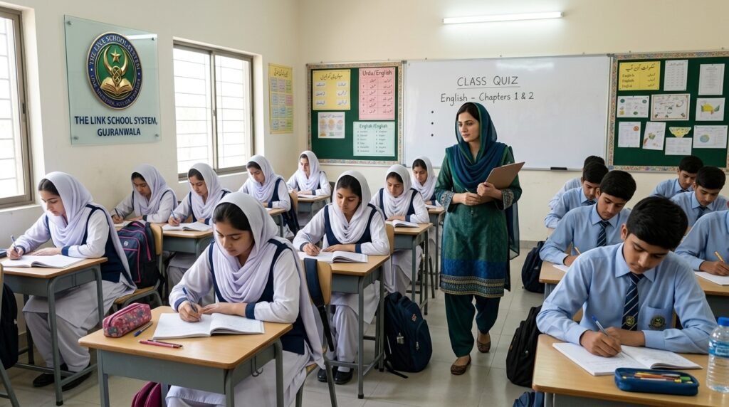Students taking a class quiz in a The Link School System classroom