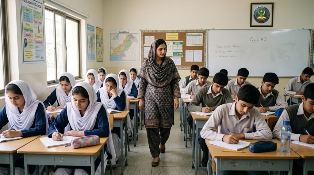 Students writing a short class quiz while the teacher walks around the classroom