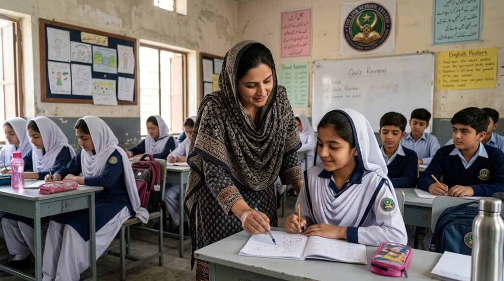 A teacher giving individual feedback to a student during a quiz review