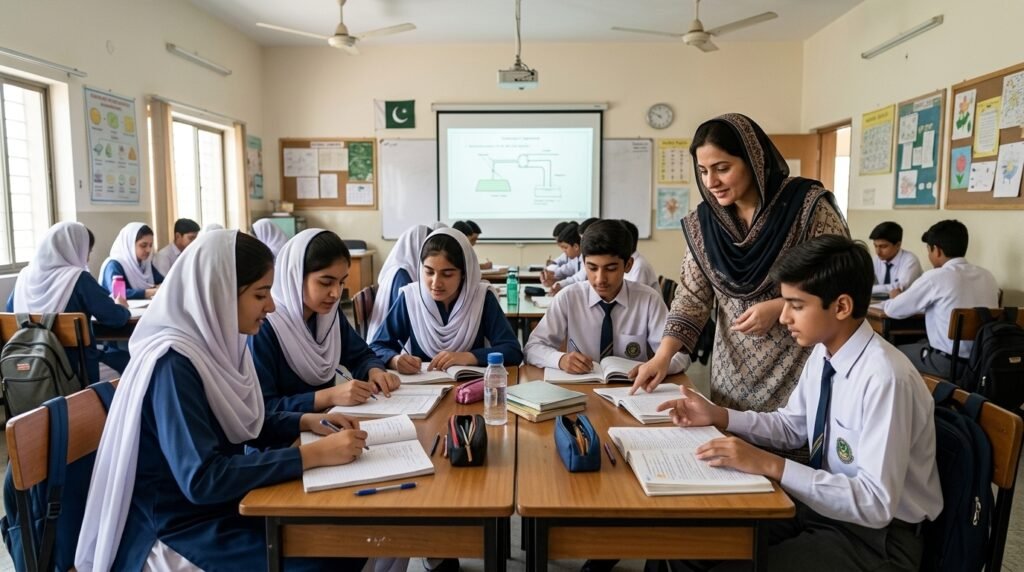 A teacher guiding students as they work through questions in their notebooks