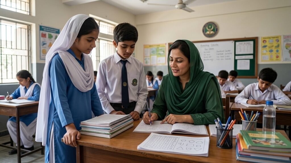 A teacher reviewing quiz answers with two students at her desk