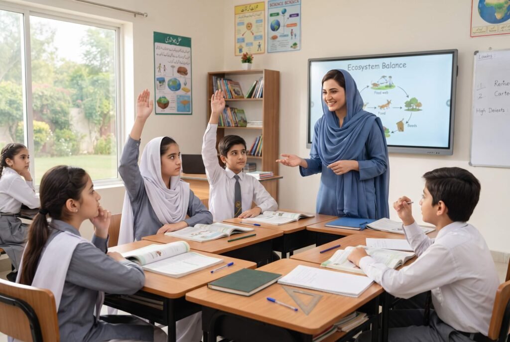 Students raising their hands to ask questions during an interactive science lesson