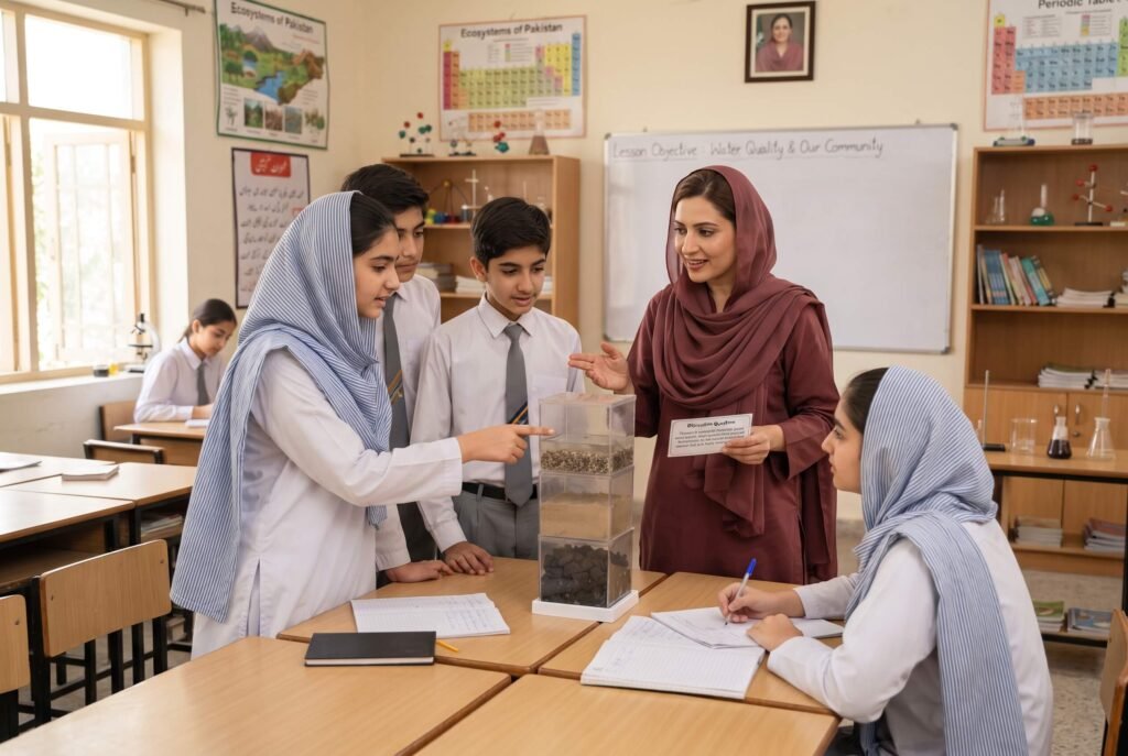 Students investigating a layered water filter model during a hands-on science activity