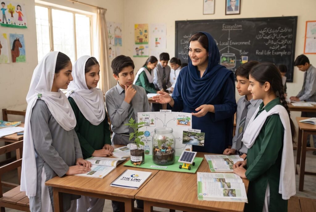 Teacher and students exploring a jar ecosystem model and real-life examples